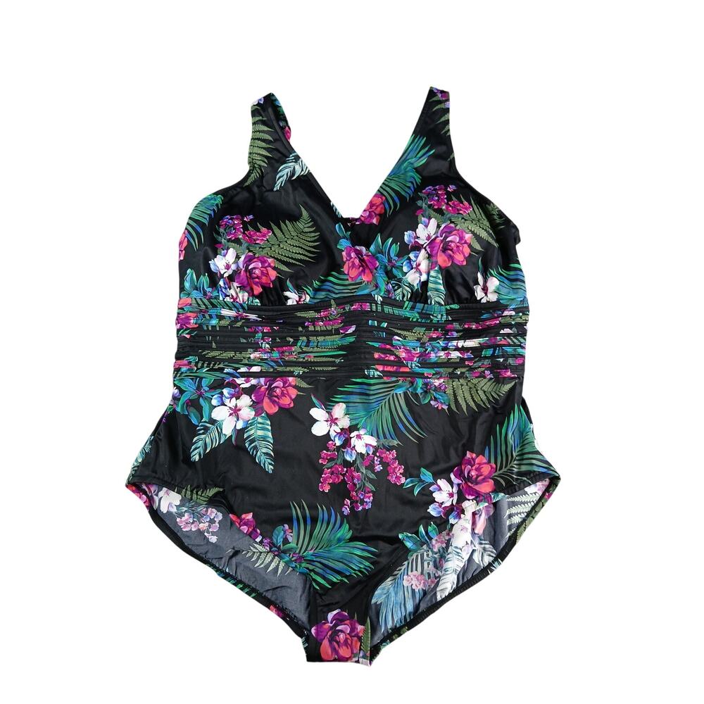 Aqua Green One Piece Swimsuit Womens Size 24 Black Padded V Neck Floral NWT
